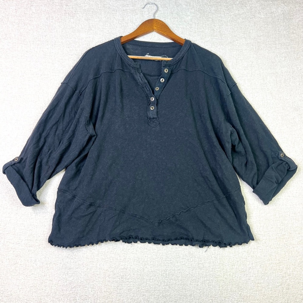 We The Free People Cotton Linen Henley Tee Oversized Boho Top Women's XS